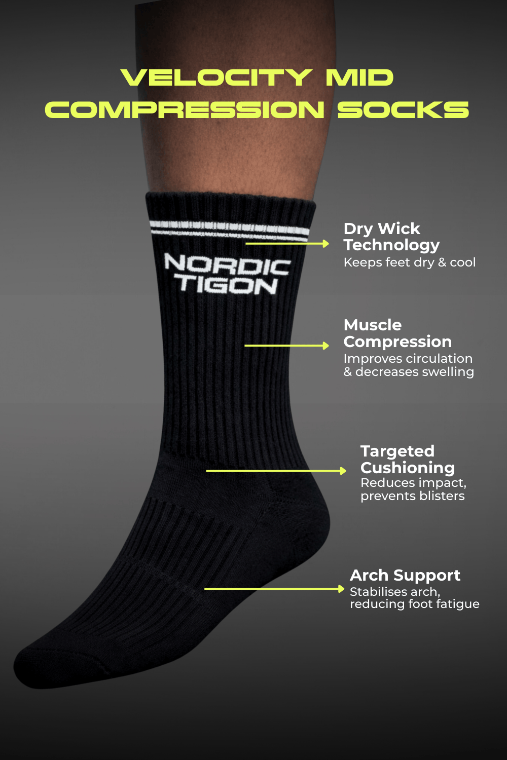 Velocity Compression Socks - Mid - Charcoal Black Nordic Tigon Compression Socks