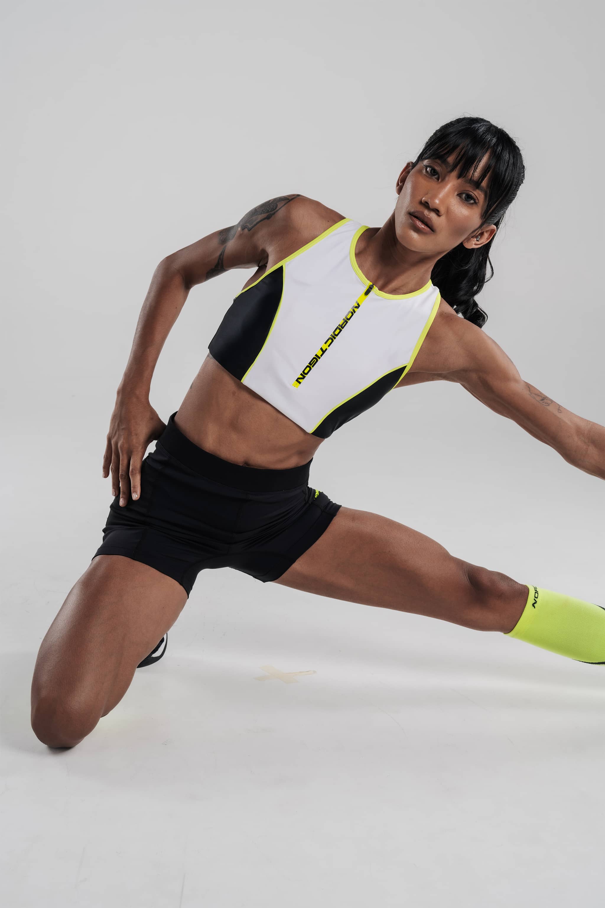 Women's Velocity Cropped Top - Charcoal Black/ Lunar White/ Flash Yellow Nordic Tigon Tops