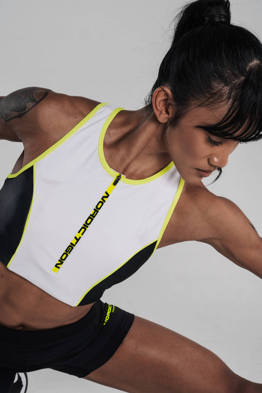 Women's Velocity Cropped Top - Charcoal Black/ Lunar White/ Flash Yellow Nordic Tigon Tops